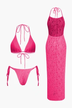 Textured Halter Neck Bikini And Open Knit Cover Up Set