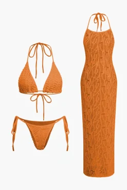 Textured Halter Neck Bikini And Open Knit Cover Up Set