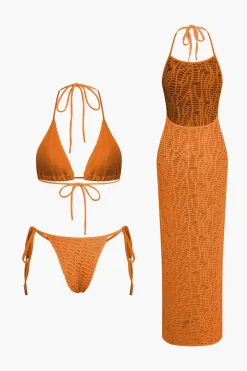 Textured Halter Neck Bikini And Open Knit Cover Up Set