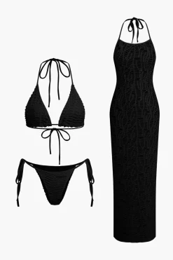 Textured Halter Neck Bikini And Open Knit Cover Up Set