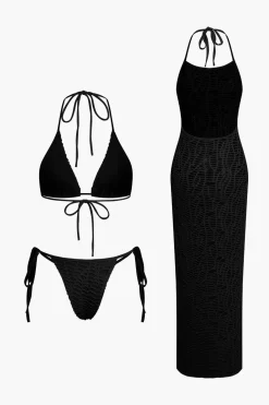 Textured Halter Neck Bikini And Open Knit Cover Up Set