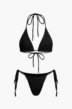 Textured Halter Neck Bikini And Open Knit Cover Up Set