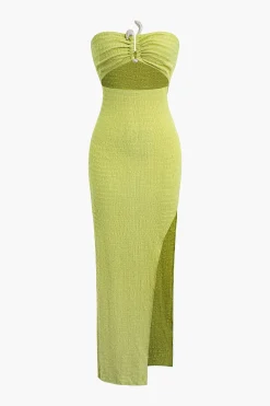 Textured Ruched Cut Out Strapless Slit Maxi Dress