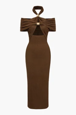 Textured Ruched Slit Midi Dress