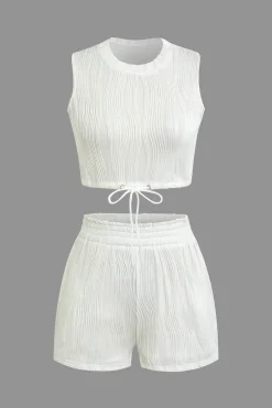 Textured Sleeveless Crop Top And Drawstring Shorts Set