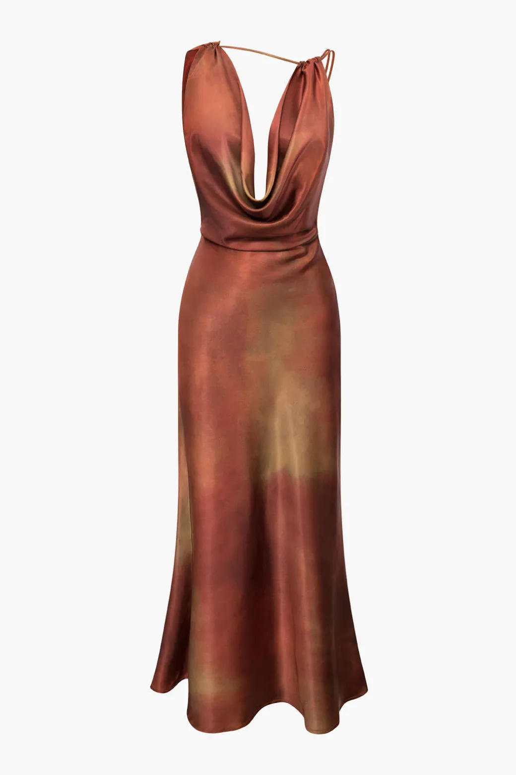 Tie Dye Asymmetric Cowl Neck Satin Maxi Dress