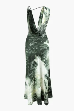Tie Dye Asymmetric Cowl Neck Satin Maxi Dress