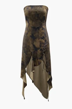 Tie Dye Asymmetric Ruffle Strapless Midi Dress