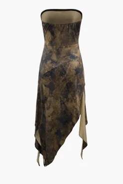 Tie Dye Asymmetric Ruffle Strapless Midi Dress