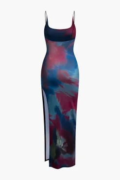 Tie Dye Backless Slit Slip Midi Dress