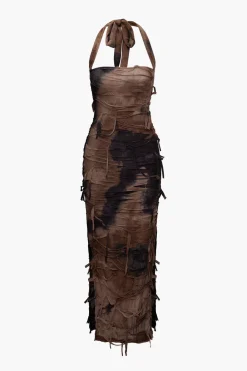 Tie Dye Distressed Mesh Slit Halter Maxi Dress