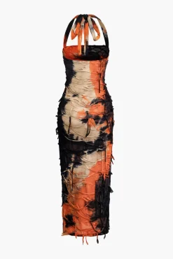 Tie Dye Distressed Mesh Slit Halter Maxi Dress
