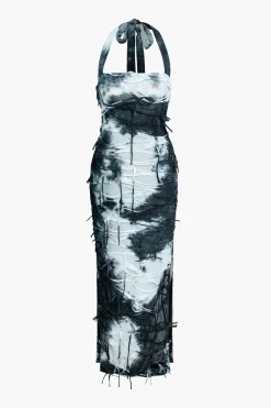 Tie Dye Distressed Mesh Slit Halter Maxi Dress