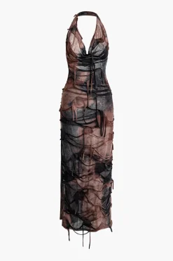 Tie Dye Distressed Mesh Slit Halter Cowl Neck Maxi Dress