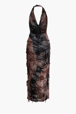 Tie Dye Distressed Mesh Slit Halter Cowl Neck Maxi Dress