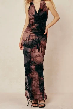 Tie Dye Distressed Mesh Slit Halter Cowl Neck Maxi Dress