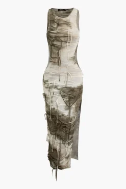 Tie Dye Distressed Sleeveless Cut Out Slit Maxi Dress