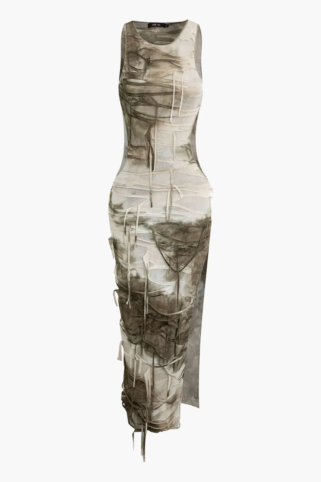Tie Dye Distressed Sleeveless Cut Out Slit Maxi Dress