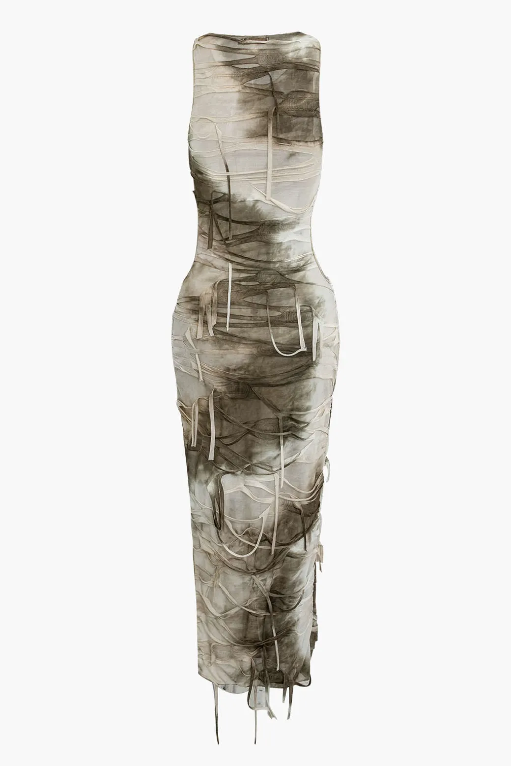 Tie Dye Distressed Sleeveless Cut Out Slit Maxi Dress