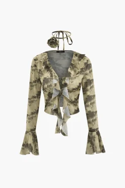 Tie Dye Flare Sleeve Tie Front Ruffle Top And Rose Choker