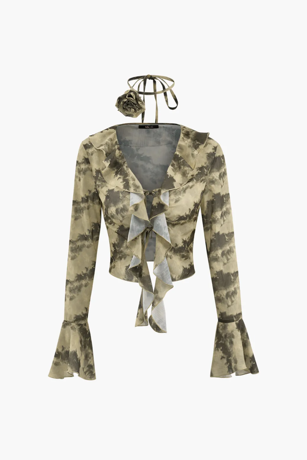 Tie Dye Flare Sleeve Tie Front Ruffle Top And Rose Choker