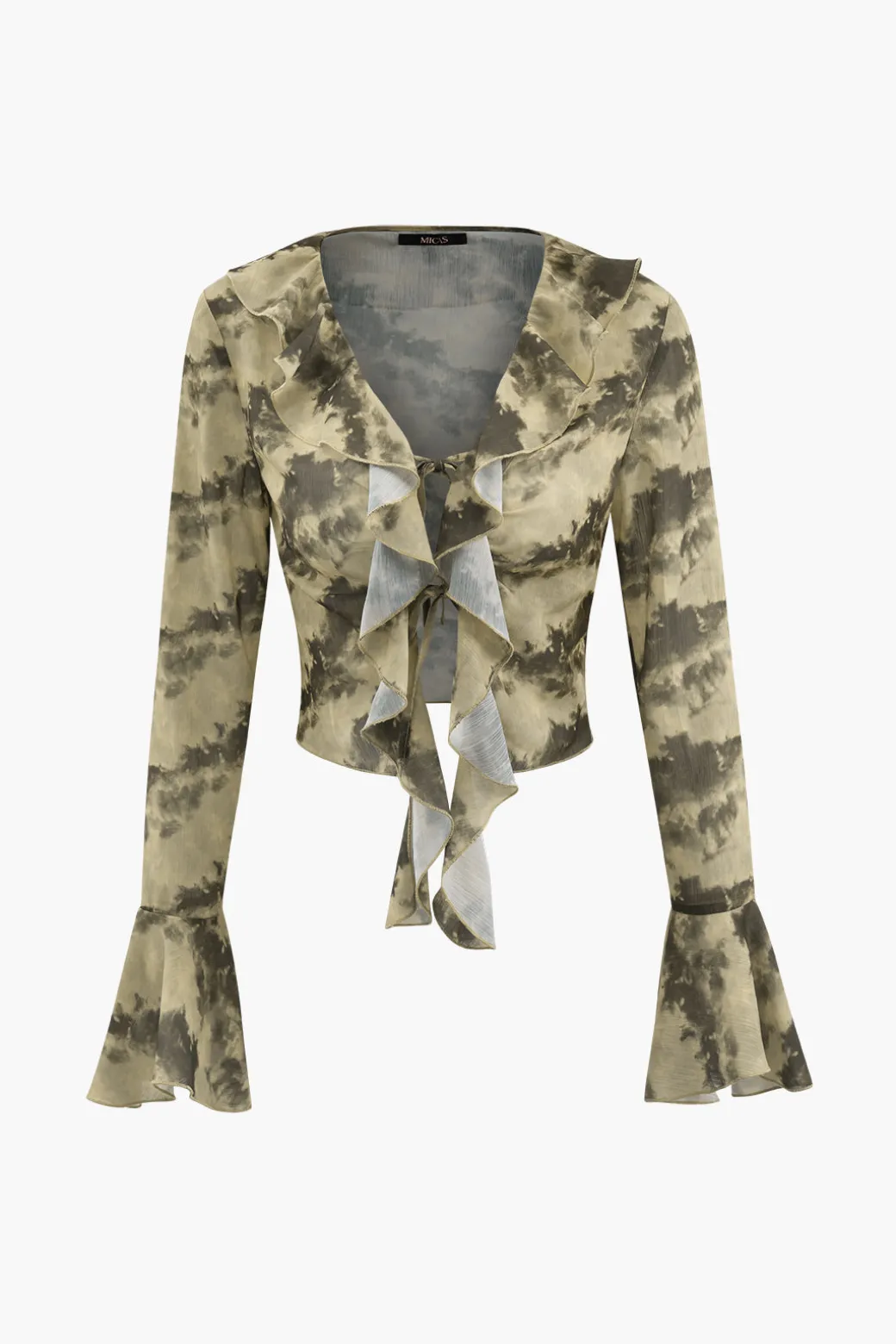 Tie Dye Flare Sleeve Tie Front Ruffle Top And Rose Choker
