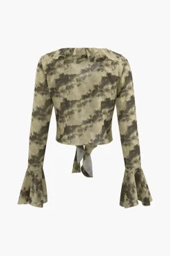 Tie Dye Flare Sleeve Tie Front Ruffle Top And Rose Choker