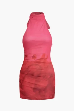 Tie Dye Halter Backless Ruched Mini Dress