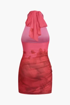 Tie Dye Halter Backless Ruched Mini Dress