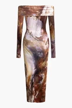 Tie Dye Long Sleeve Off Shoulder Midi Dress