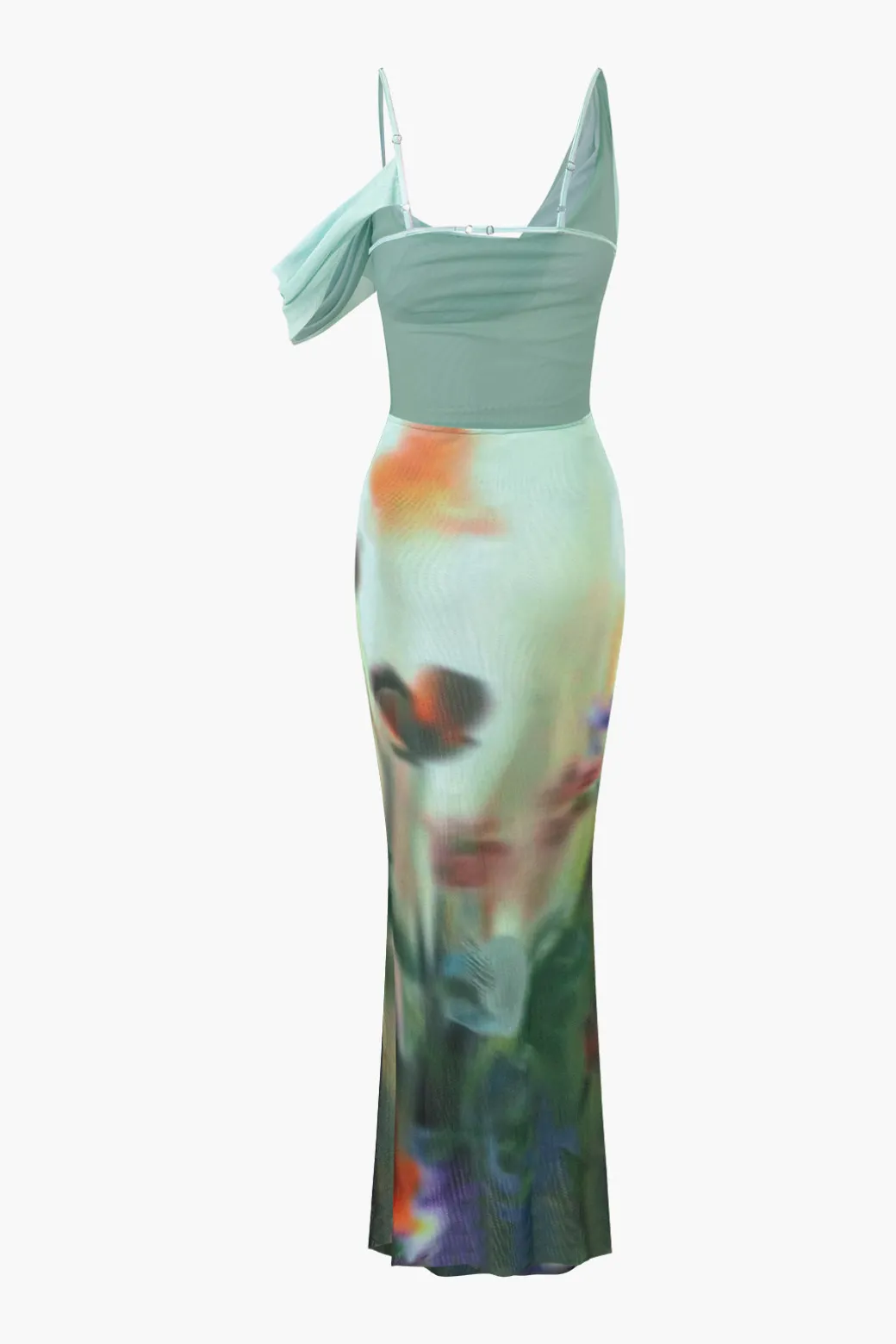 Tie Dye Mesh Backless Asymmetric Cowl Neck Maxi Dress