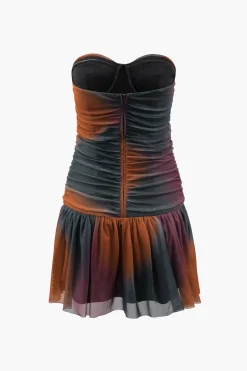 Tie Dye Mesh Ruched Strapless Mini Dress
