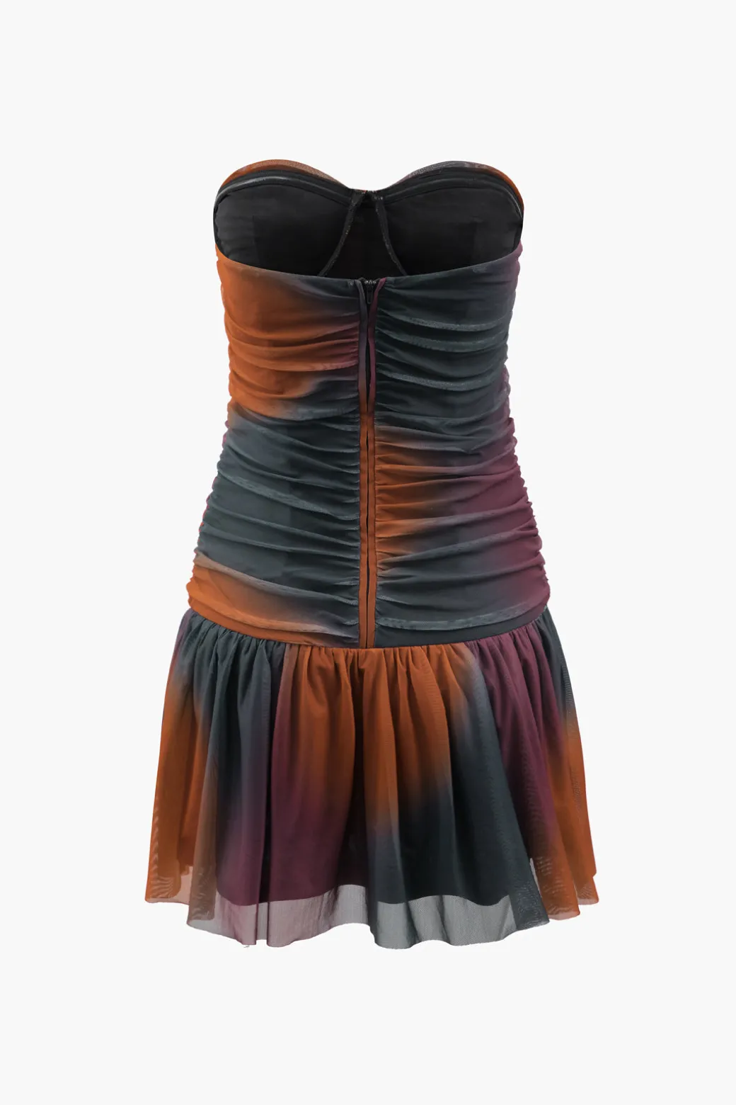 Tie Dye Mesh Ruched Strapless Mini Dress