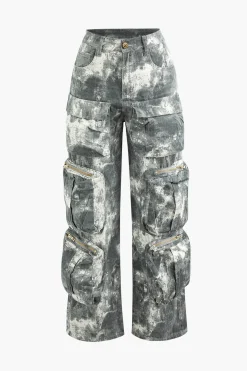 Tie Dye Multi Pocket Straight Leg Cargo Jeans