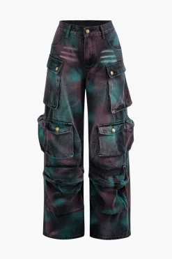 Tie Dye Multi Pocket Straight Leg Cargo Jeans