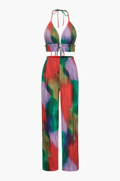 Tie Dye Plisse Halter Top And Pants Set