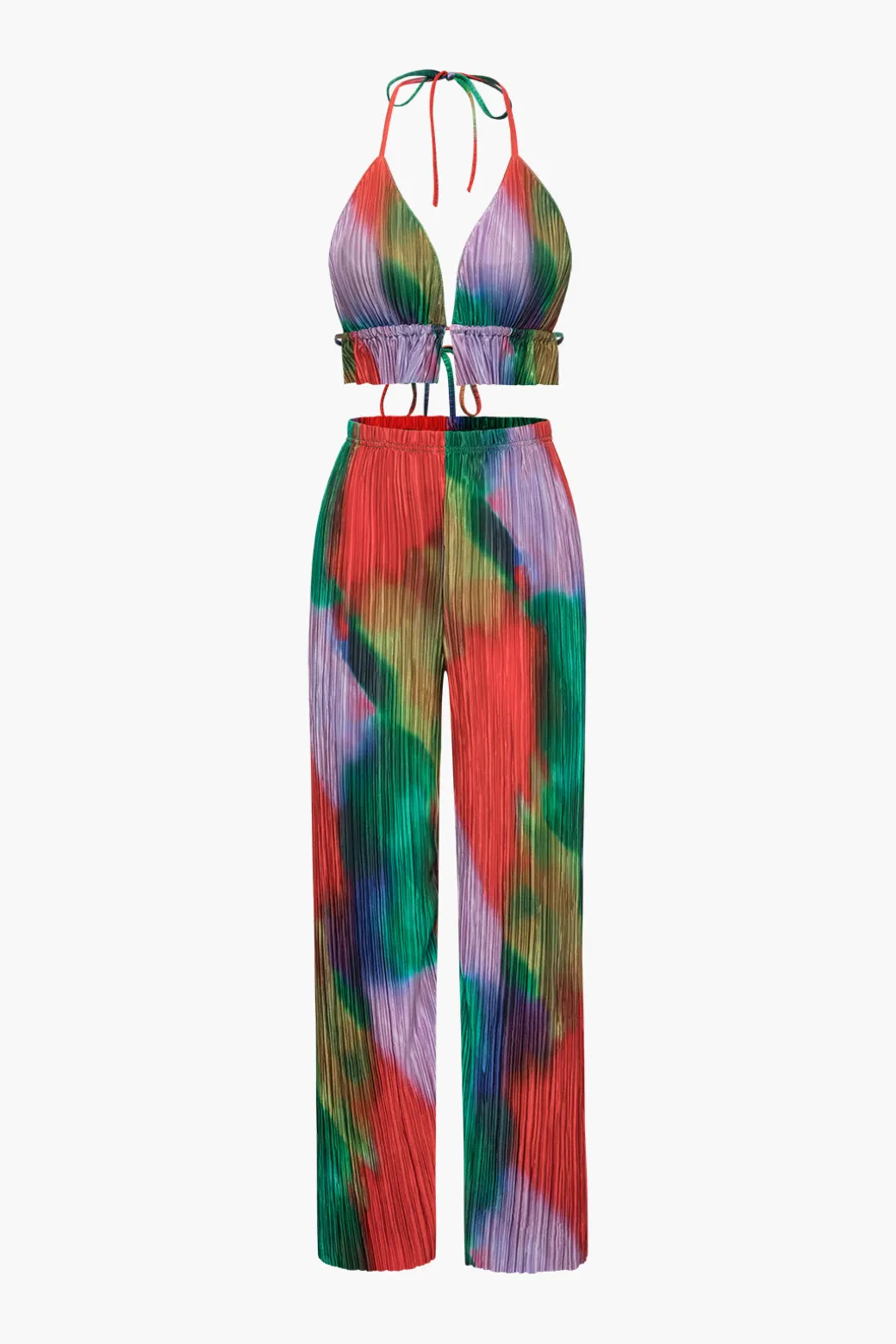 Tie Dye Plisse Halter Top And Pants Set