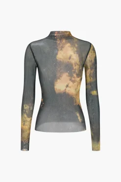 Tie Dye Print Mesh Long Sleeve Top