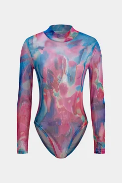 Tie Dye Print Mesh Long Sleeve Sheer Bodysuit