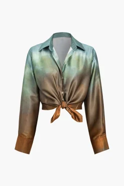 Tie Dye Print Satin Button Long-Sleeve Shirt