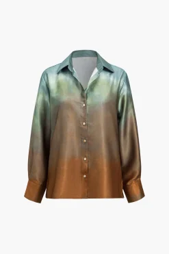 Tie Dye Print Satin Button Long-Sleeve Shirt