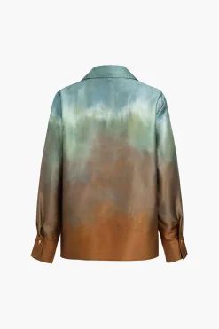Tie Dye Print Satin Button Long-Sleeve Shirt