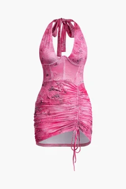 Tie Dye Ruched Drawstring Halter Mini Dress