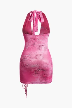 Tie Dye Ruched Drawstring Halter Mini Dress