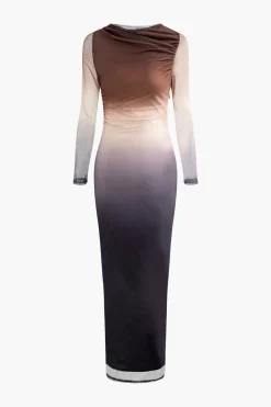 Tie Dye Ruched Mesh Long Sleeve Maxi Dress