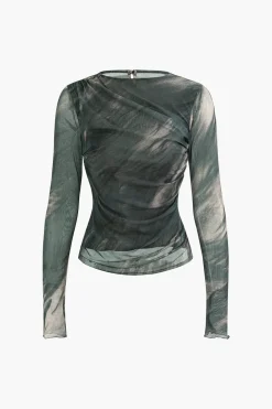 Tie Dye Ruched Mesh Long Sleeve Top