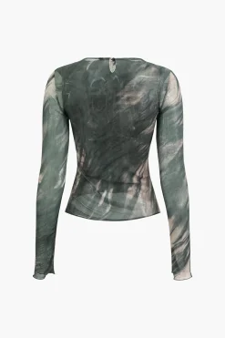 Tie Dye Ruched Mesh Long Sleeve Top