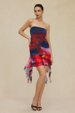 Tie Dye Ruffle Strapless Midi Dress