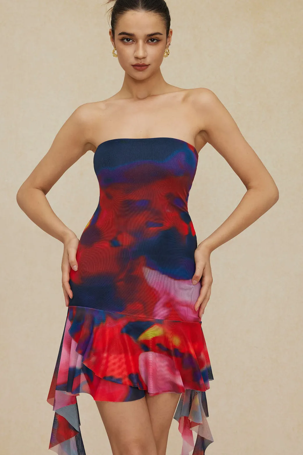 Tie Dye Ruffle Strapless Midi Dress