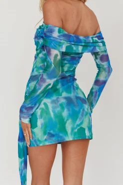 Tie Dye Tie Front Off Shoulder Long Sleeve Mini Dress